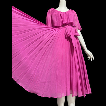 MISS ELLIETTE Vintage 1960s pleated party dress, pink cocktail dress, ruffled collar