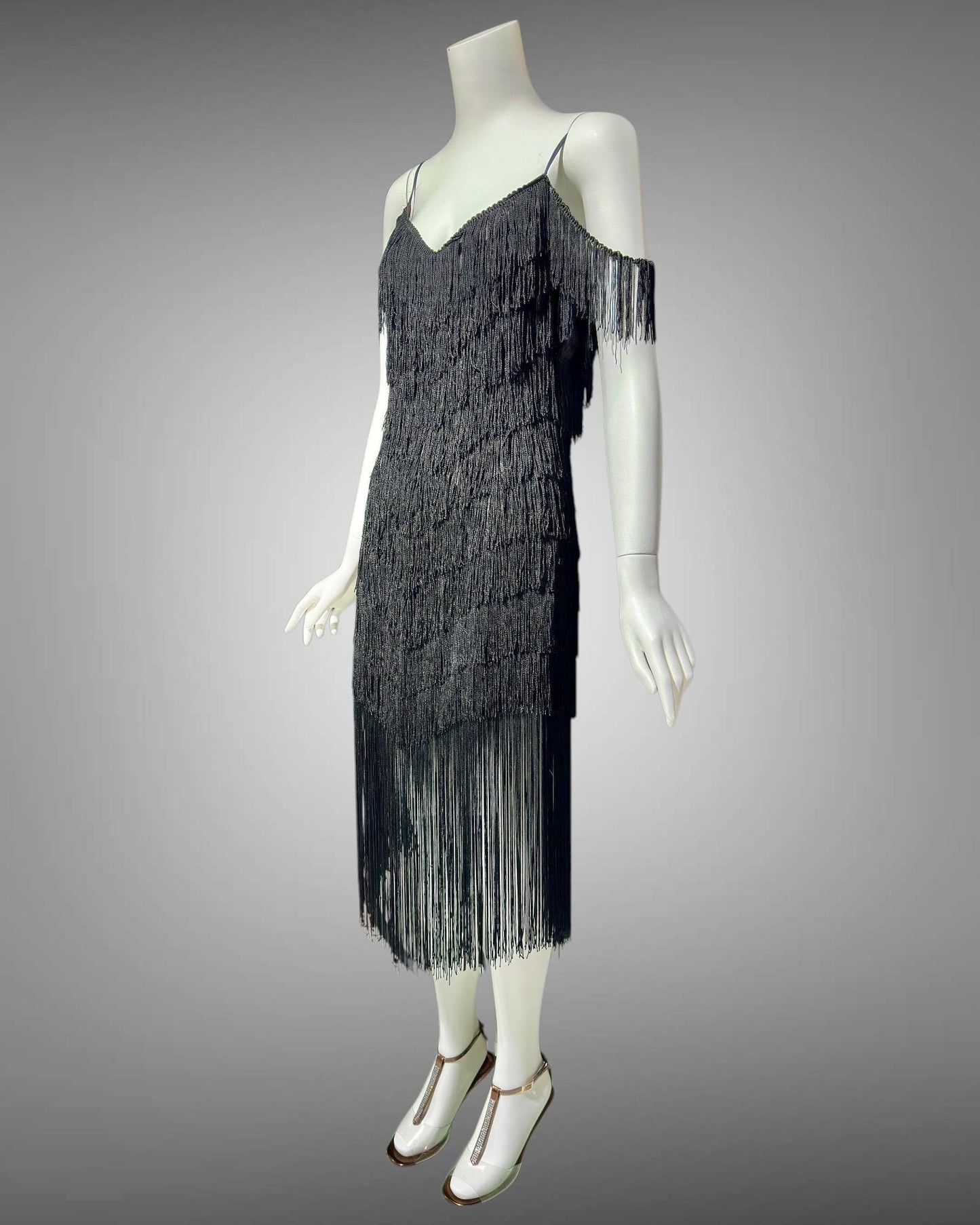 TD4 vintage 1980s Fringed evening cocktail dress, black mini party flapper slip dress