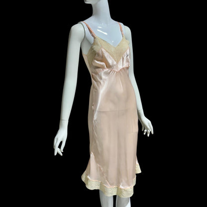 1930s Vintage Peach Slip Dress: Shiny silky Rayon Nightgown lingerie, Lace Trim