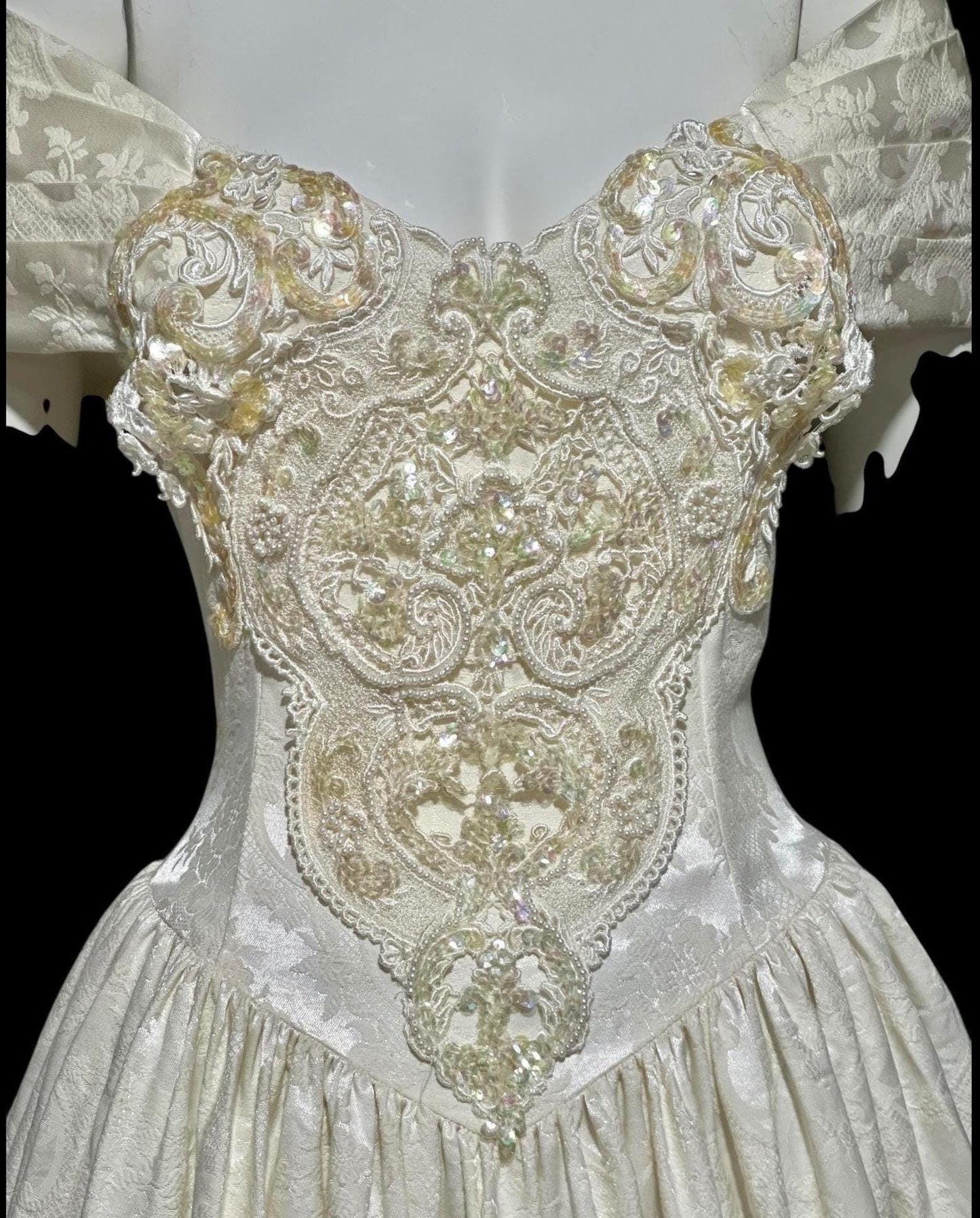 JESSICA MCCLINTOCK, vintage 1980s evening wedding dress, creamy white damask off shoulder gown