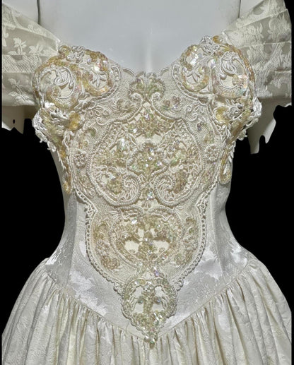 JESSICA MCCLINTOCK, vintage 1980s evening wedding dress, creamy white damask off shoulder gown