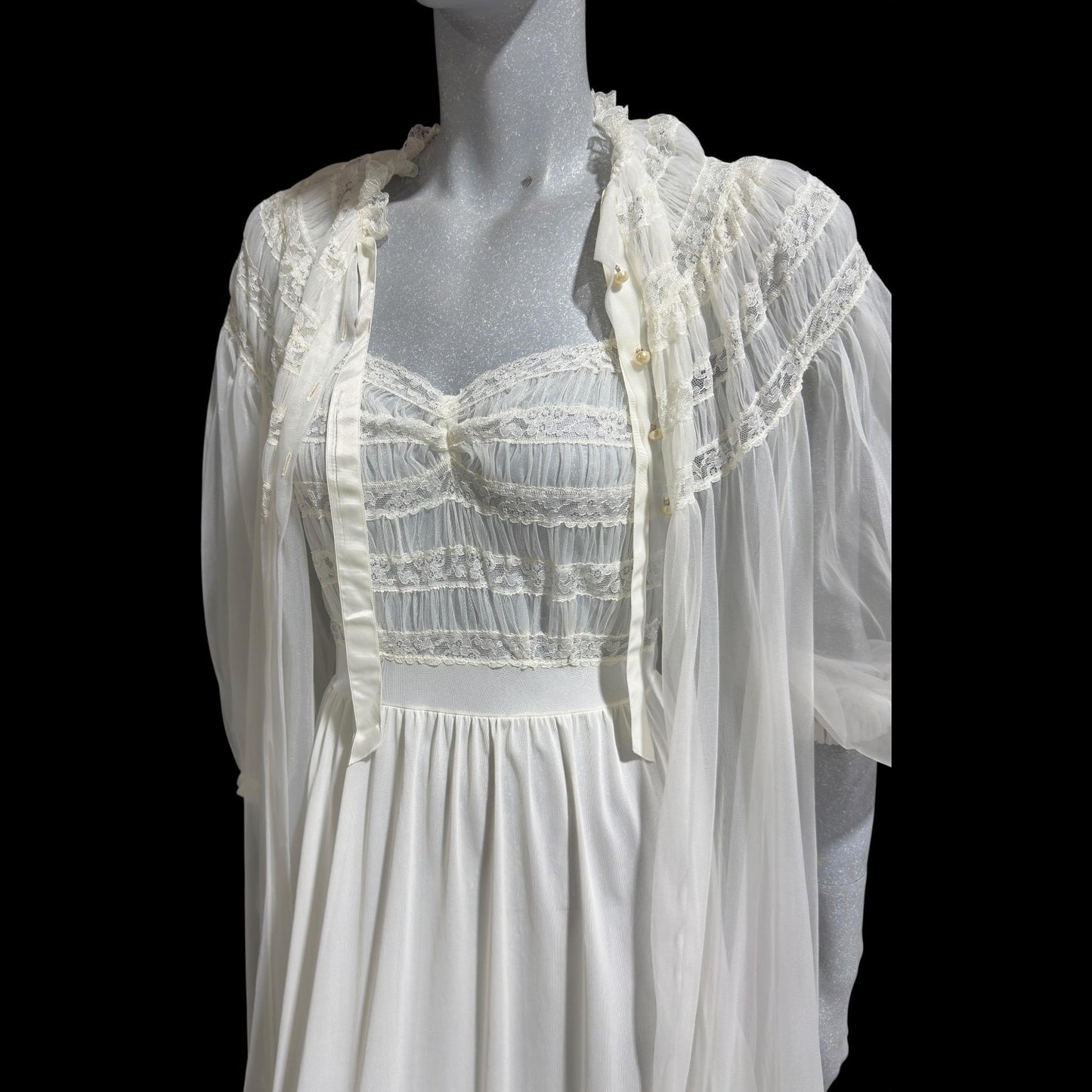 RADCLIFFE vintage 1940s nightgown robe set, bridal white chiffon wedding peignoir slip dress set