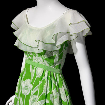 1970s vintage off shoulder maxi dress, Ruffle collar, sheer green and white floral, organza evening party dress