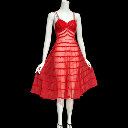 1950s vintage nightgown slip dress, sheer nylon lipstick red ruffled twirling night dress
