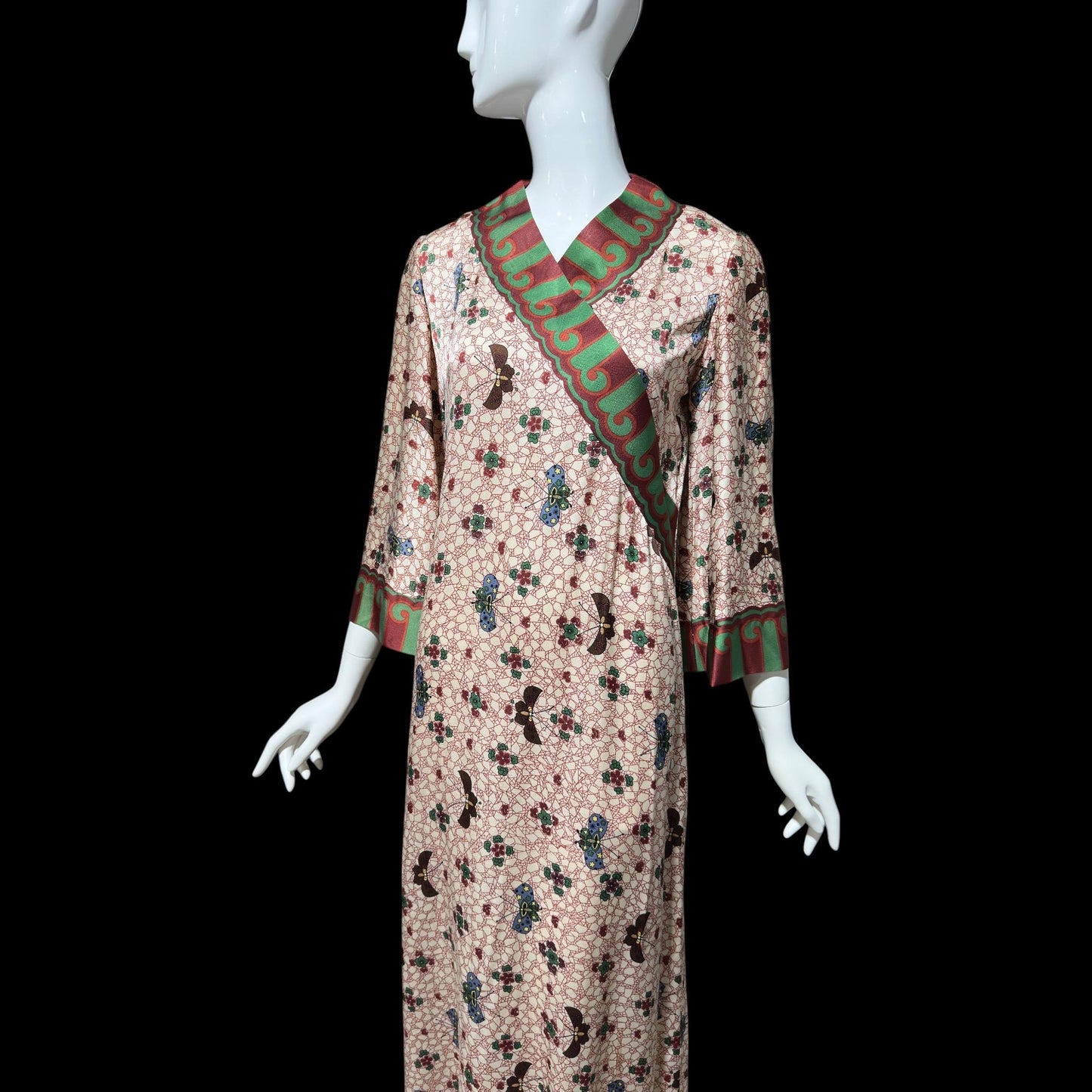 GALITZINE vintage 1960s butterfly print caftan dress, and SAKOWITZ, shift cut gown