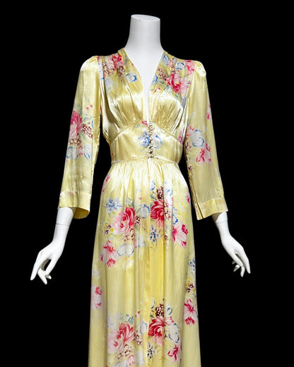 RADCLIFFE vintage 1940s satin dressing gown, yellow and pink floral satin button front housecoat