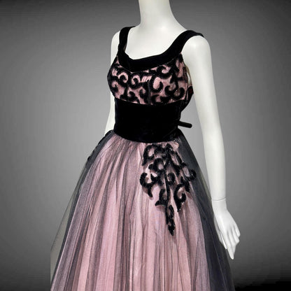 1950s vintage party dress, Dreamy Pink and Black tulle cupcake prom cocktail dress