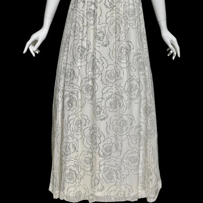 1960s vintage evening dress gown, white chiffon with sparkly silver rose sequins wedding bridal gown