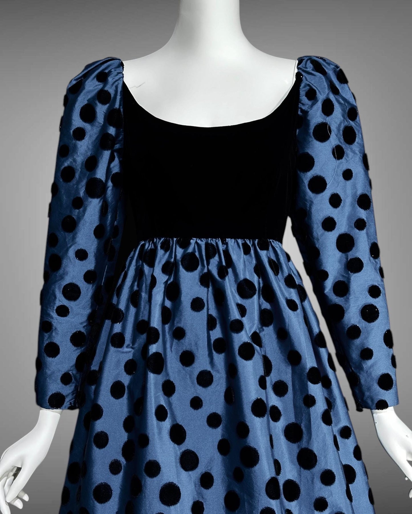 ADELE SIMPSON vintage 1960s evening dress, steel blue taffeta with black velvet flocked polka dots