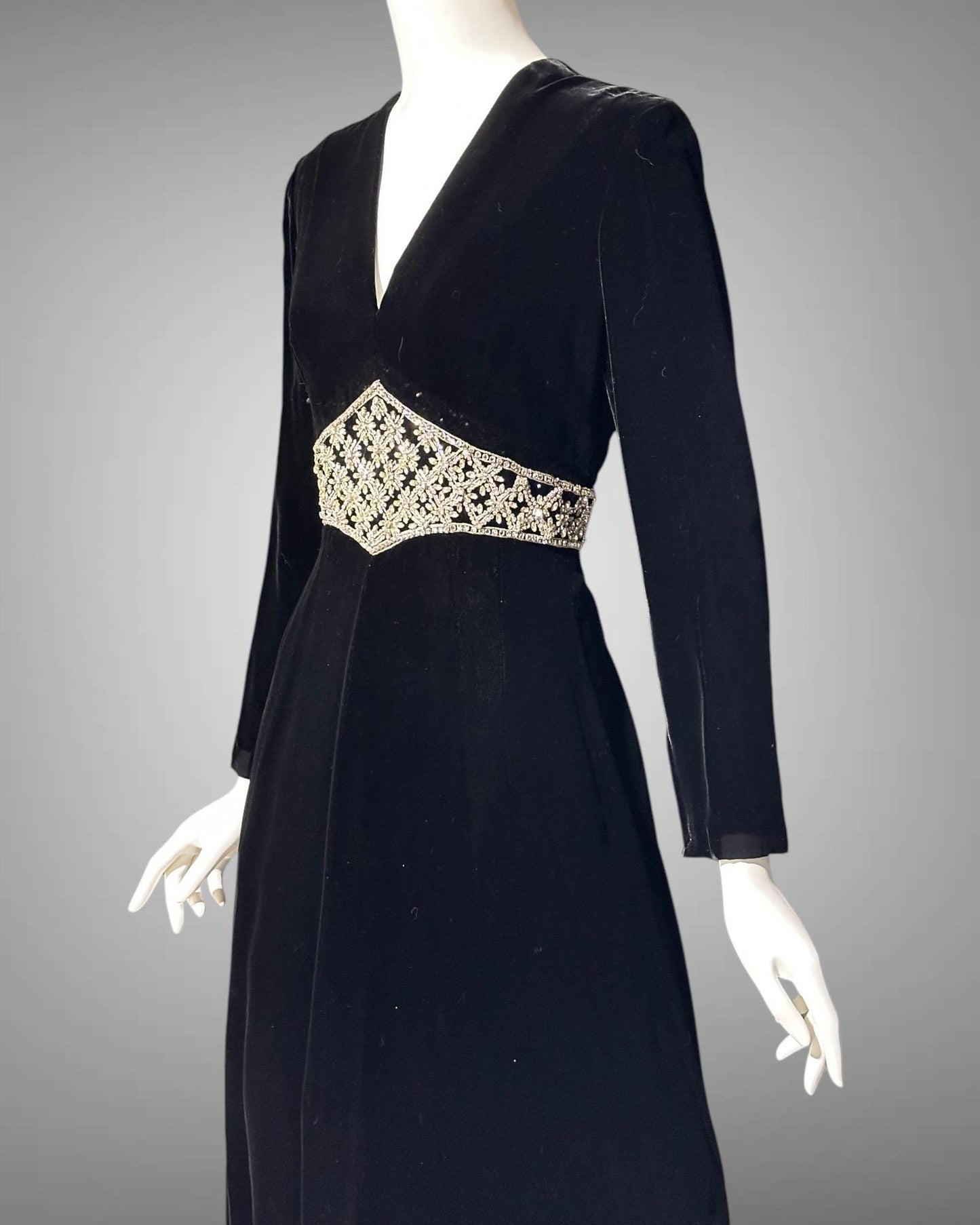 MOLLIE PARNIS for SAKS black velvet cocktail dress, 1960s Rhinestone encrusted waist