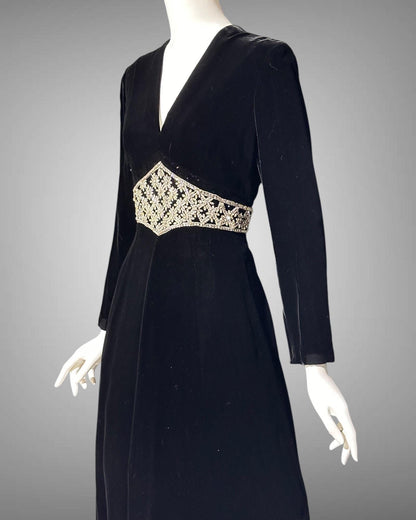 MOLLIE PARNIS for SAKS black velvet cocktail party dress, 1960s Rhinestone encrusted waist