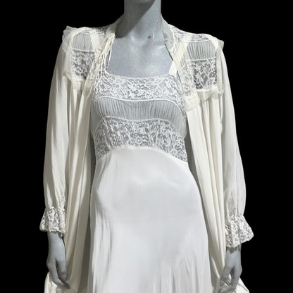 TULA Vintage 1940s Nightgown Robe Set: Bridal White Peignoir Dressing Gown & Slip Dress