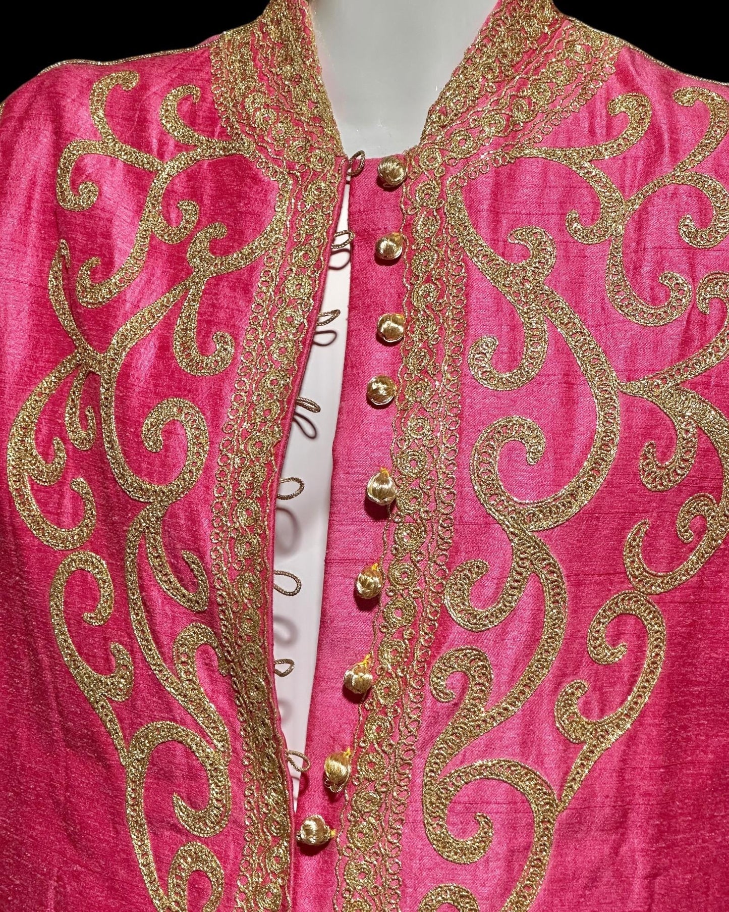 MOURJANA vintage 1960s raw silk Moroccan caftan dress, Hand Made Hot Pink and gold metallic embroidered Kaftan