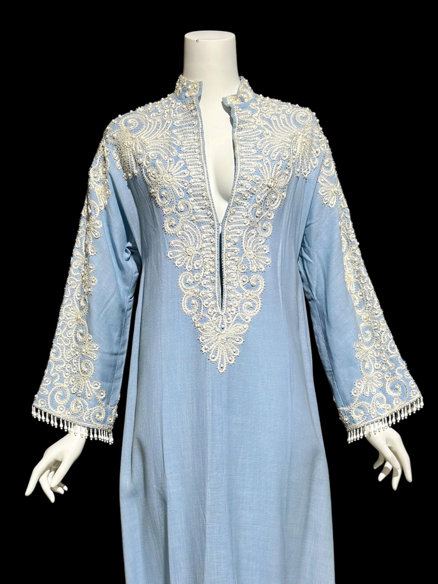 REBECCA vintage linen caftan evening dress, BONWIT TELLER 1960s heavily beaded soutache blue cruise cocktail gown