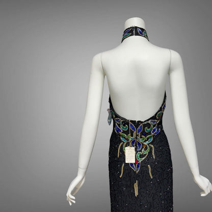J REYNOLDS DESIGNS, vintage 1990s evening dress, Deadstock Black Beaded Halter Party slip dress