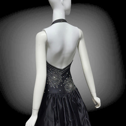1970s Halter Party Mini Dress: Vintage black bubble skirt with rhinestone studs