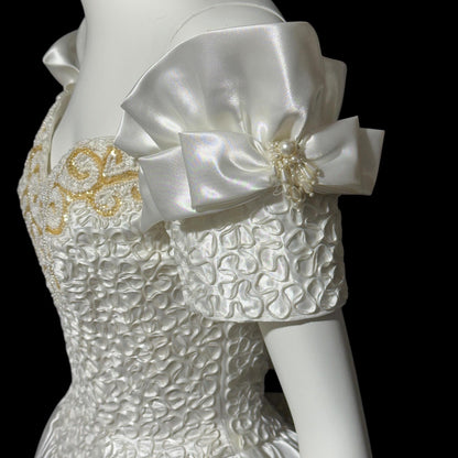 MIKE BENET, vintage 1980s evening dress, shiny white satin sequins prom wedding ball gown