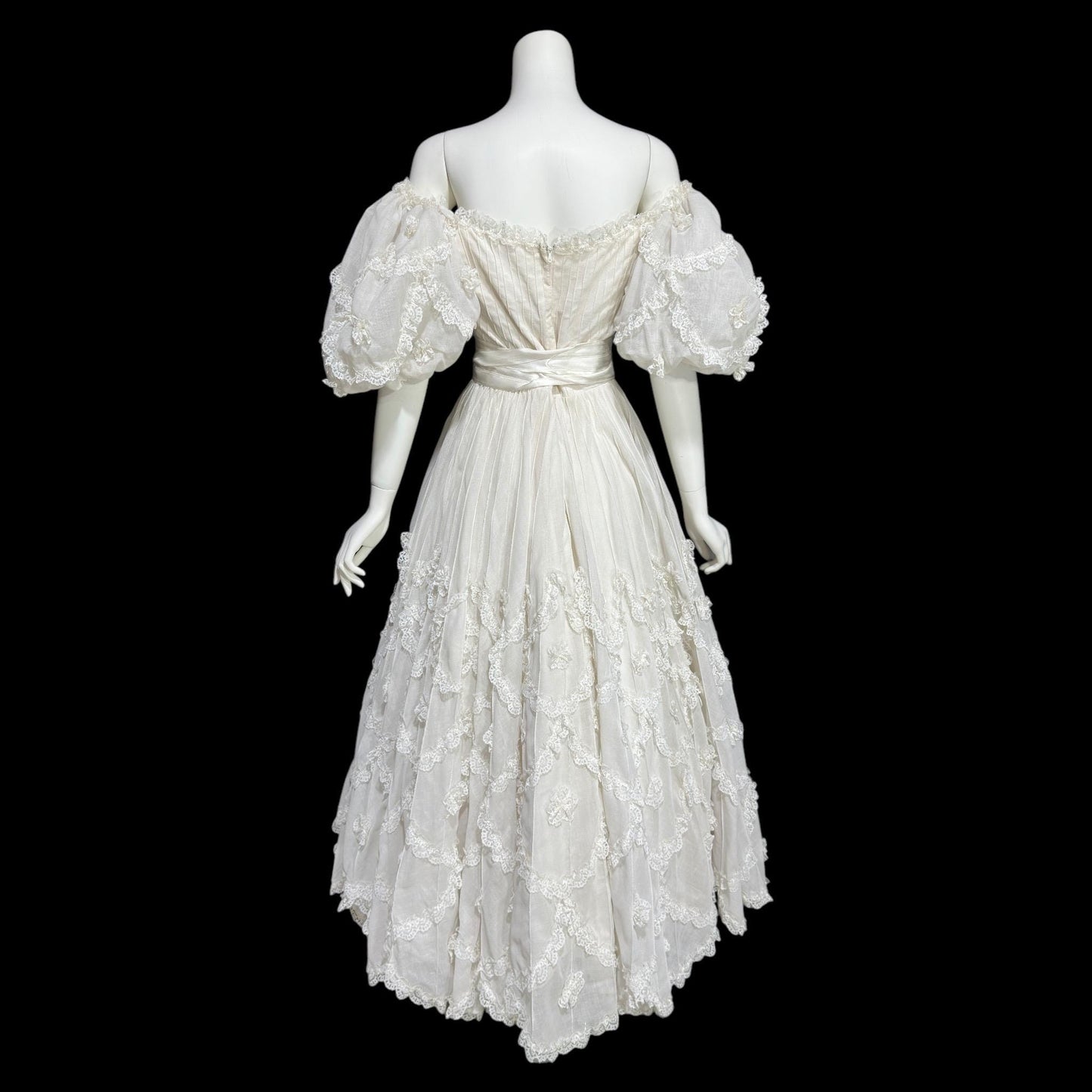 1970s Mexican Wedding dress, White cotton tiered lace ball gown, off shoulder huge Sleeves Bohemian gown