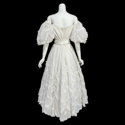 1970s Mexican Wedding dress, White cotton tiered lace ball gown, off shoulder huge Sleeves Bohemian gown