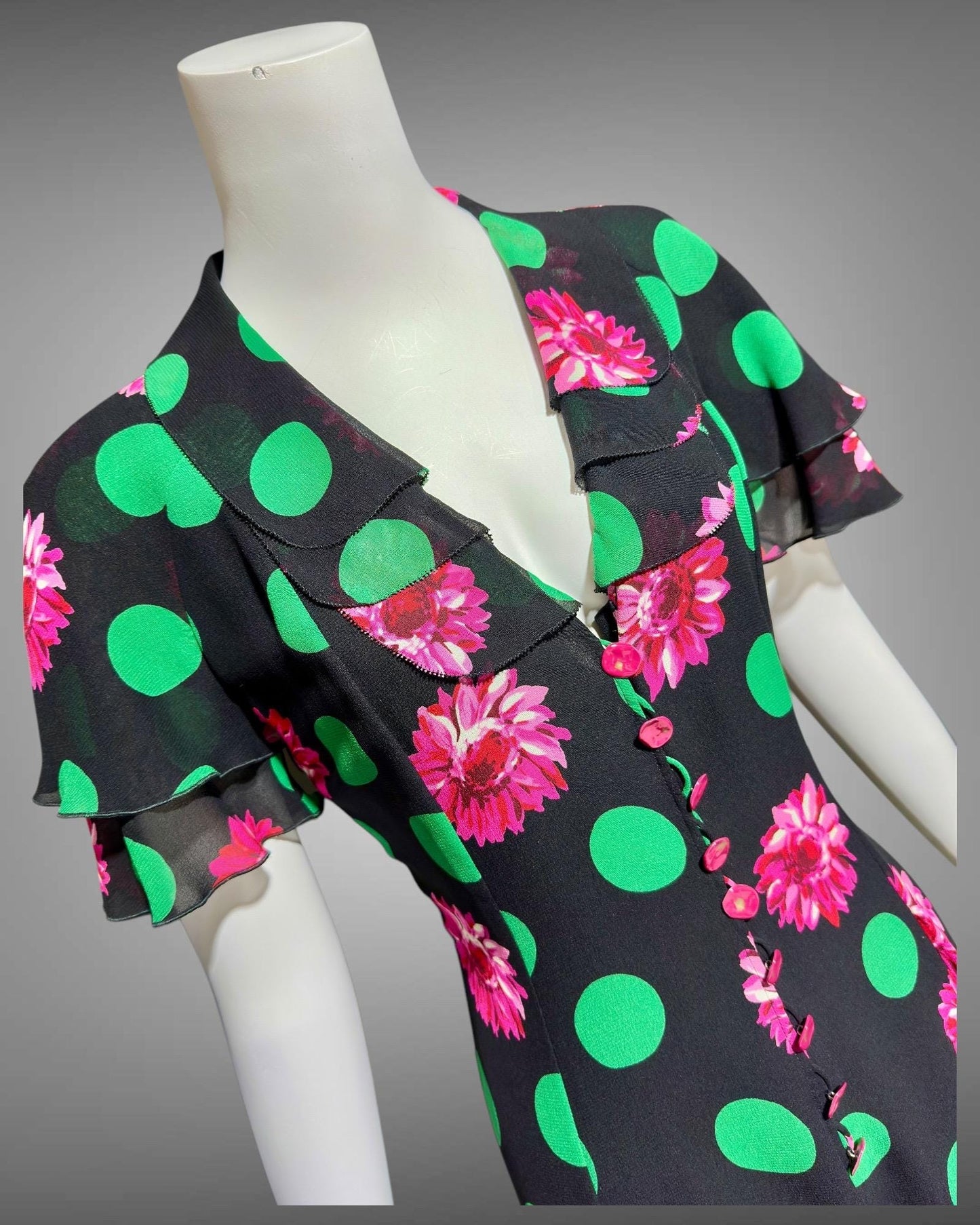 EMANUEL UNGARO 1980s vintage evening dress, polka dots and dahlias, button front flirty tiered ruffle skirt party dress