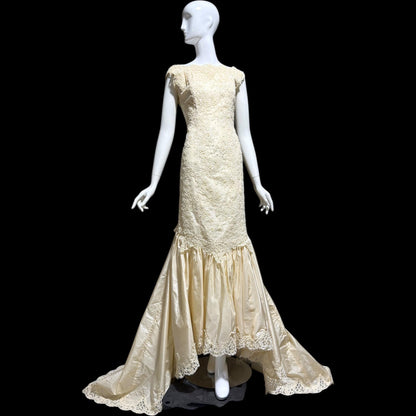 1980s Custom Made vintage wedding dress, dated 1989, Cream lace beads silk mermaid gown