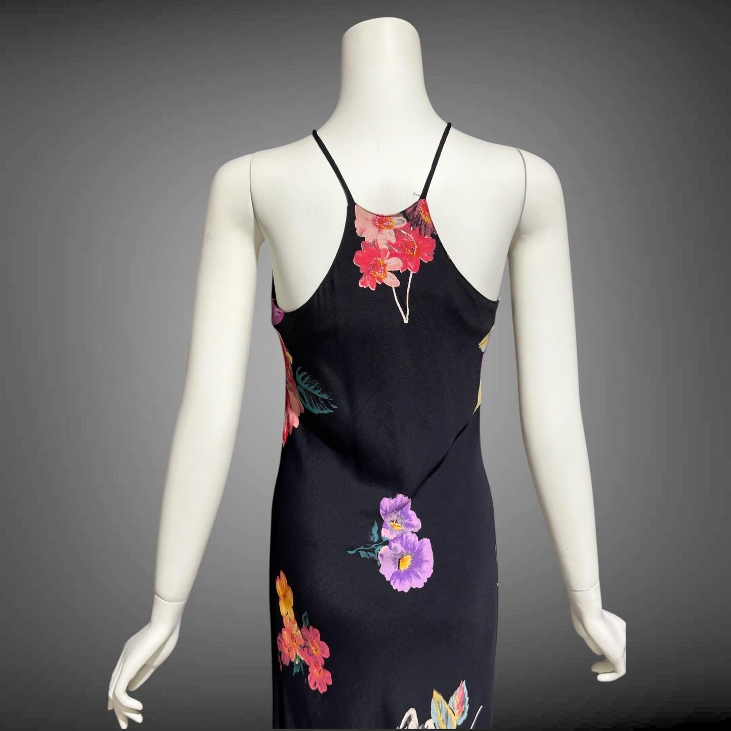 1990s vintage bias cut dress, Bodycon rose flower print evening sheath slip dress, maxi dress
