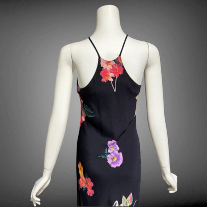 1990s vintage bias cut dress, Bodycon rose flower print evening sheath slip dress, maxi dress