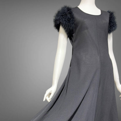 FIFTH AVENUE ROBES, vintage 1950s nightgown, black sheath evening gown with marabou sleeves, totally sheer house dress