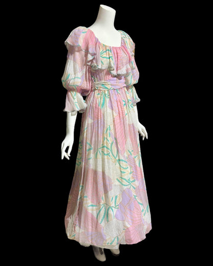 FRANK USHER LONDON, vintage 1970s evening dress, Pastel floral chiffon, Off shoulder gown