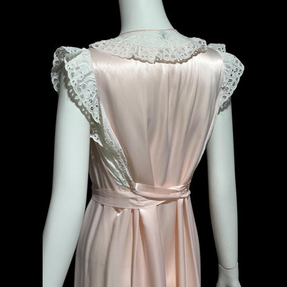 GODFRIED, vintage 1940s nightgown, Pink Bur-mil Rayon with white eyelet lace and waterfall back