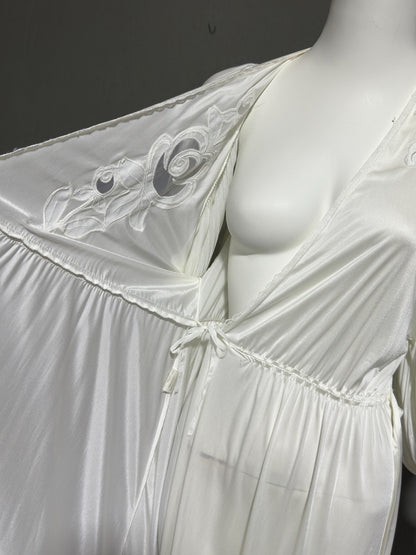 1980s vintage dressing gown robe, Slinky white jersey polyamide wrap front housecoat