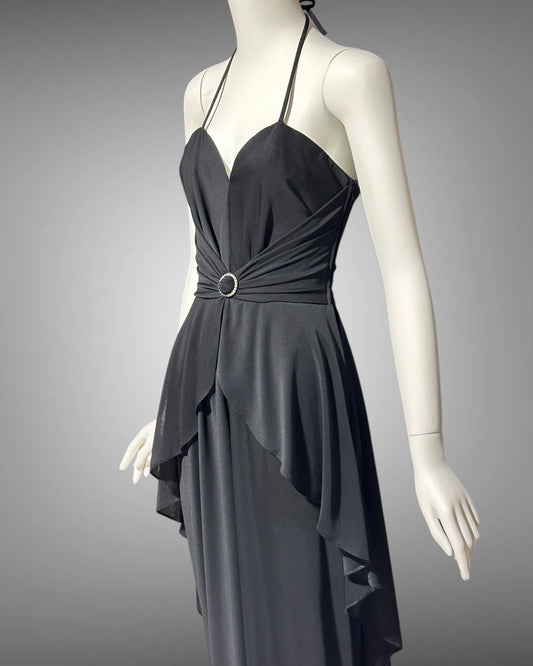 FRANK USHER 1970s vintage Black disco halter evening Dress, Bustier bodice and Long Peplum skirt