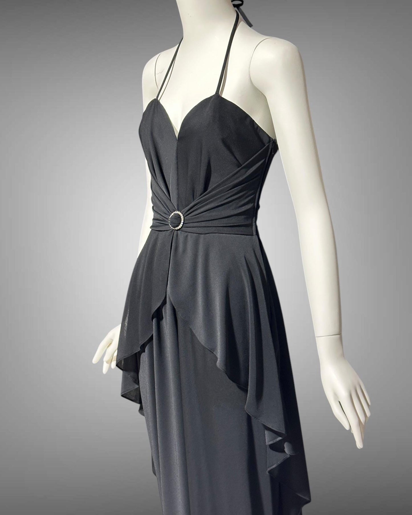 FRANK USHER 1970s vintage Black disco halter Dress, Bustier bodice and Long Peplum skirt