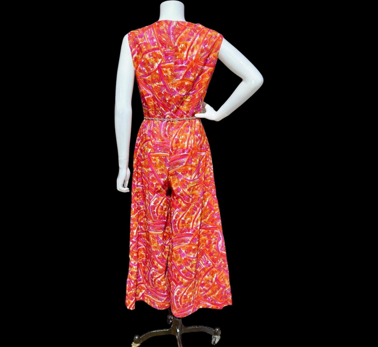 1960s vintage jumpsuit, wide leg flared palazzo pants, hot pink and orange paisley, sleeveless evening summer jumpsuit