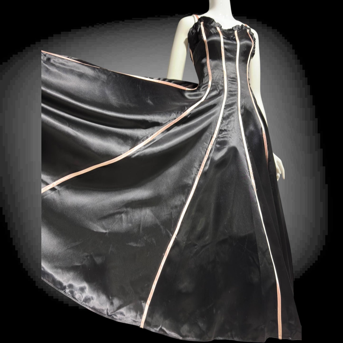 1940s vintage Evening Ball Gown: Black Shiny Satin full sweep formal dress with pink ribbon stripes