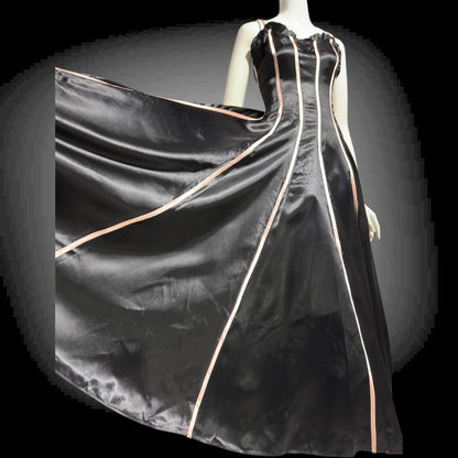 1940s vintage Evening Ball Gown: Black Shiny Satin full sweep formal dress with pink ribbon stripes