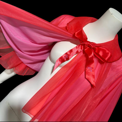 1950s vintage bed night jacket, Cherry Red & Hot Pink double layer chiffon cropped swing style jacket