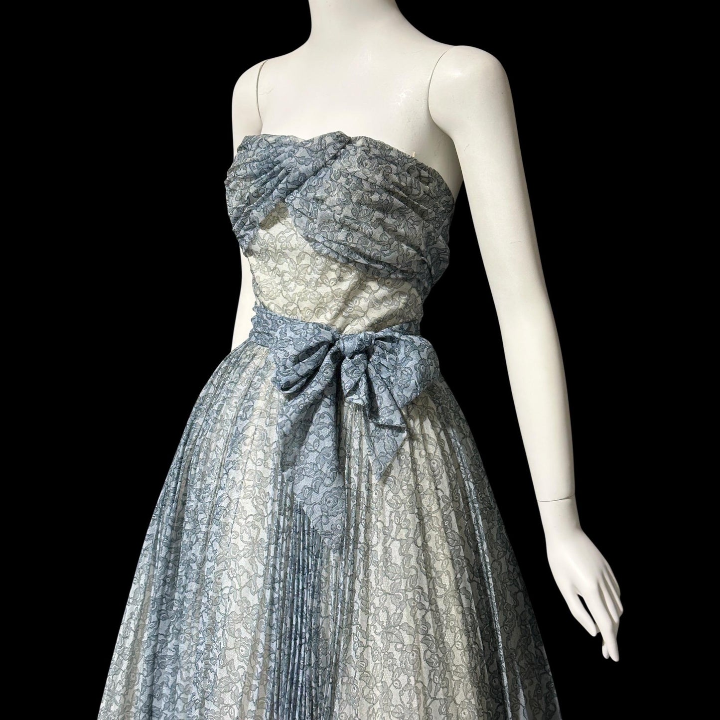1950s vintage Pleated Party Dress: Slate Blue Grey floral strapless Cocktail Prom Dress