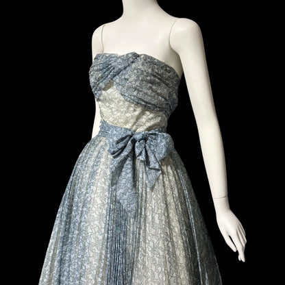 1950s vintage Pleated Party Dress: Slate Blue Grey floral strapless Cocktail Prom Dress