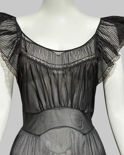 KAYSER vintage 1950s nightgown slip dress, ethereal sheer black chiffon and lace micro pleat gown