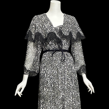 LUCIE ANN vintage 1970s nightgown robe peignoir set, black and white sheer animal print negligee slip dress set