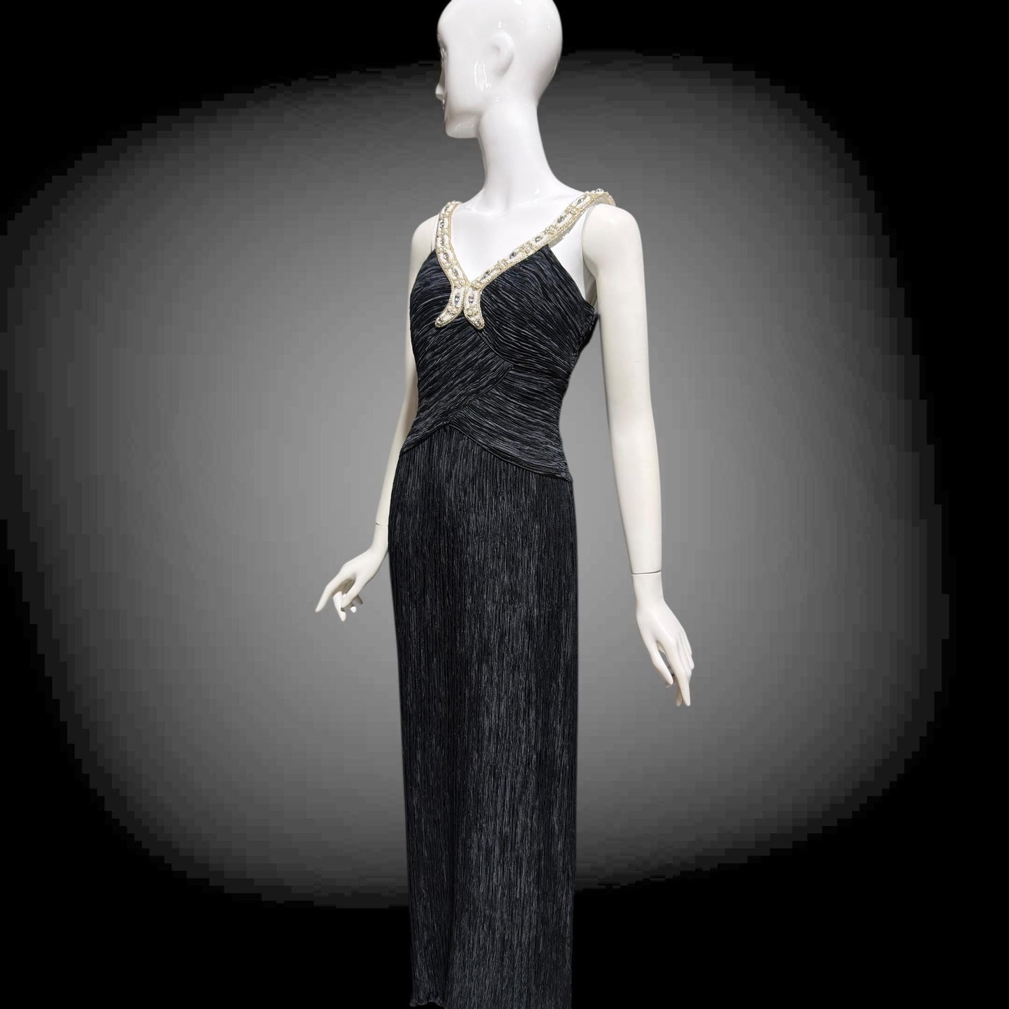 MARY MCFADDEN COUTURE vintage 1980s evening dress, I.Magnin black beaded plisse pleats gown