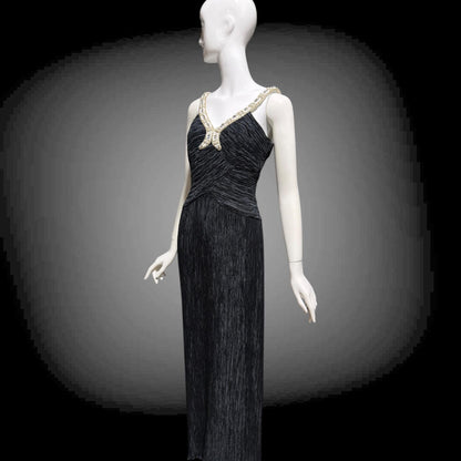 MARY MCFADDEN COUTURE vintage 1980s evening dress, I.Magnin black beaded plisse pleats gown