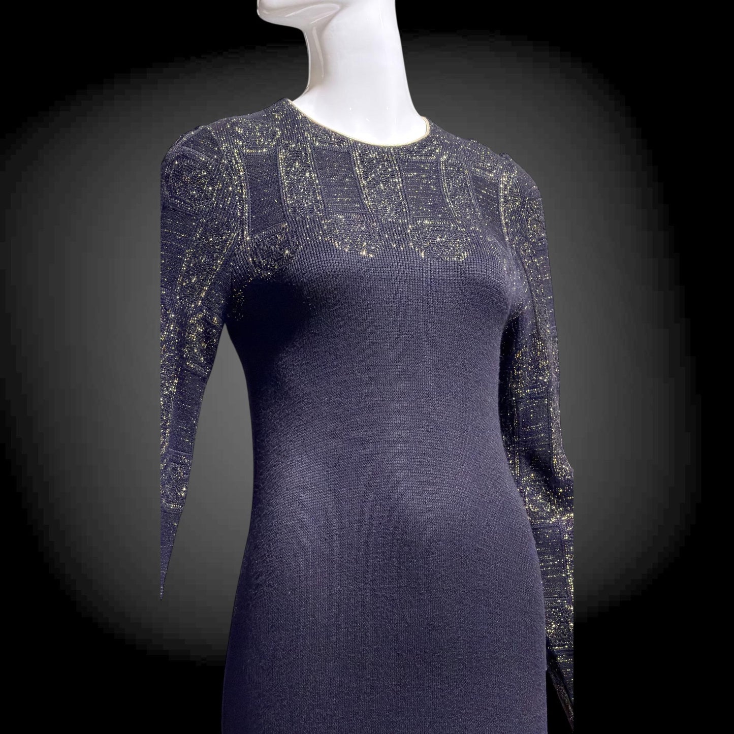 MARY MCFADDEN vintage 1970s knit cocktail dress, Black Gold Long Sleeve Office Party dress