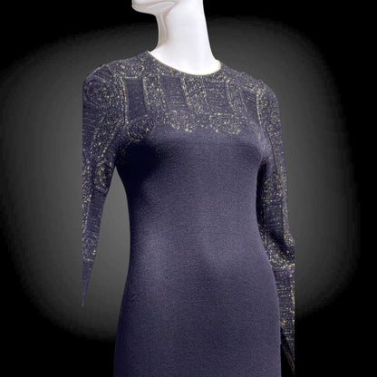 MARY MCFADDEN vintage 1970s knit cocktail dress, Black Gold Long Sleeve Office Party dress