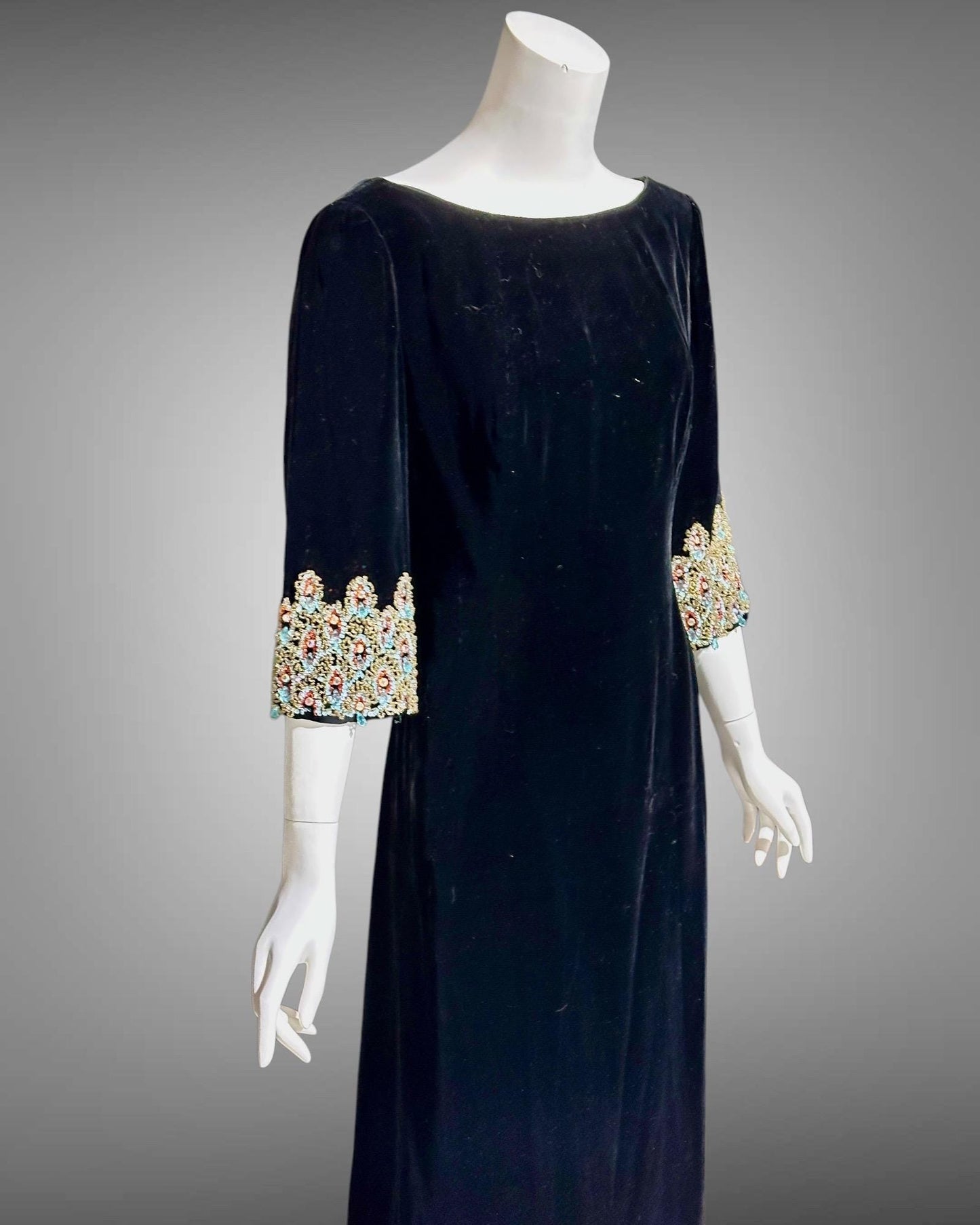 CAMEO vintage evening dress, for Bonwit Teller, 1960s black velvet beaded gown