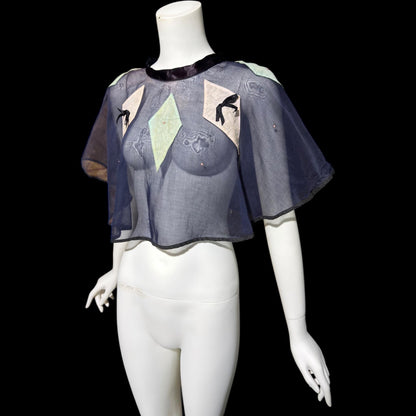 1930s Vintage collar capelet, navy blue organza harlequin shoulder cover
