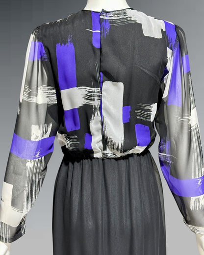 HANAE MORI for MARTHA Palm Beach, vintage 1970s chiffon evening gown, black and purple sheer blouson