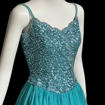 MIKE BENET, vintage 1960s evening dress, mermaid teal blue chiffon beaded sequins prom dress