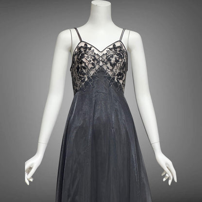 VANITY FAIR, vintage 1950s Nightgown Slip Dress, Dramatic black and silver double layer full sweep gown